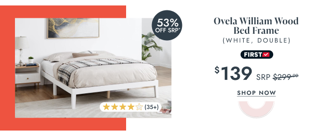 Ovela William Wood Bed Frame (White, Double)