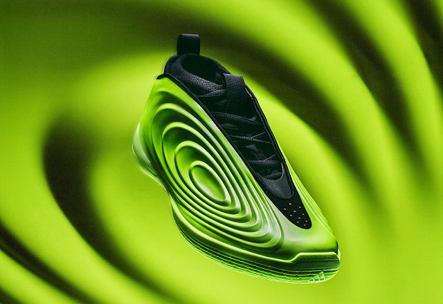 Harden Vol 10 sneaker floating over a green background.
