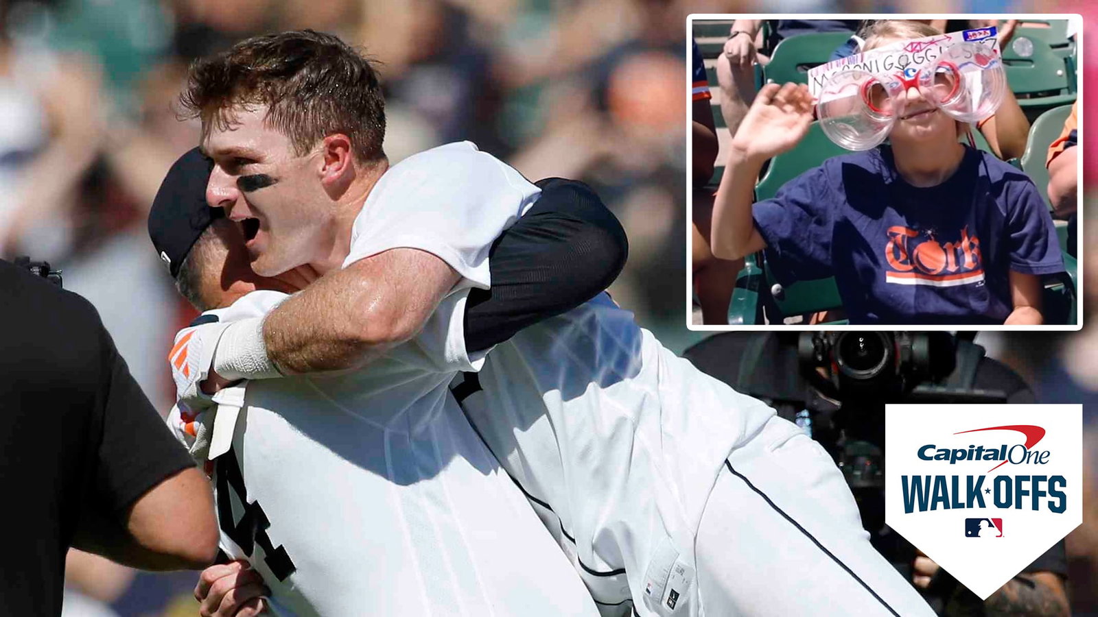 An image of Kevin McGonigle celebrating a walk-off hit with an inset of a young fan wearing specially made goggles