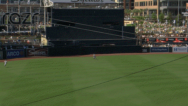 An animated gif of A.J. Ewing making a running catch