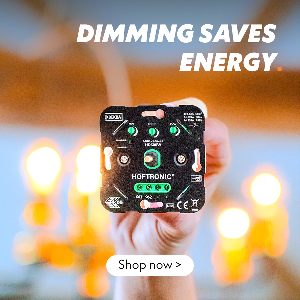 A banner showing a hand holding up a dimmer switch with a 'Shop now' button