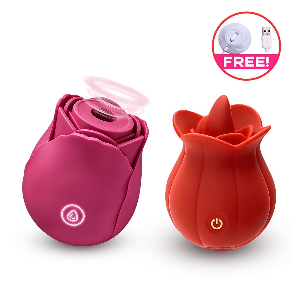 Rose Suction Massager Set with Extra Charging Cable - Red Set for Dual Sensation