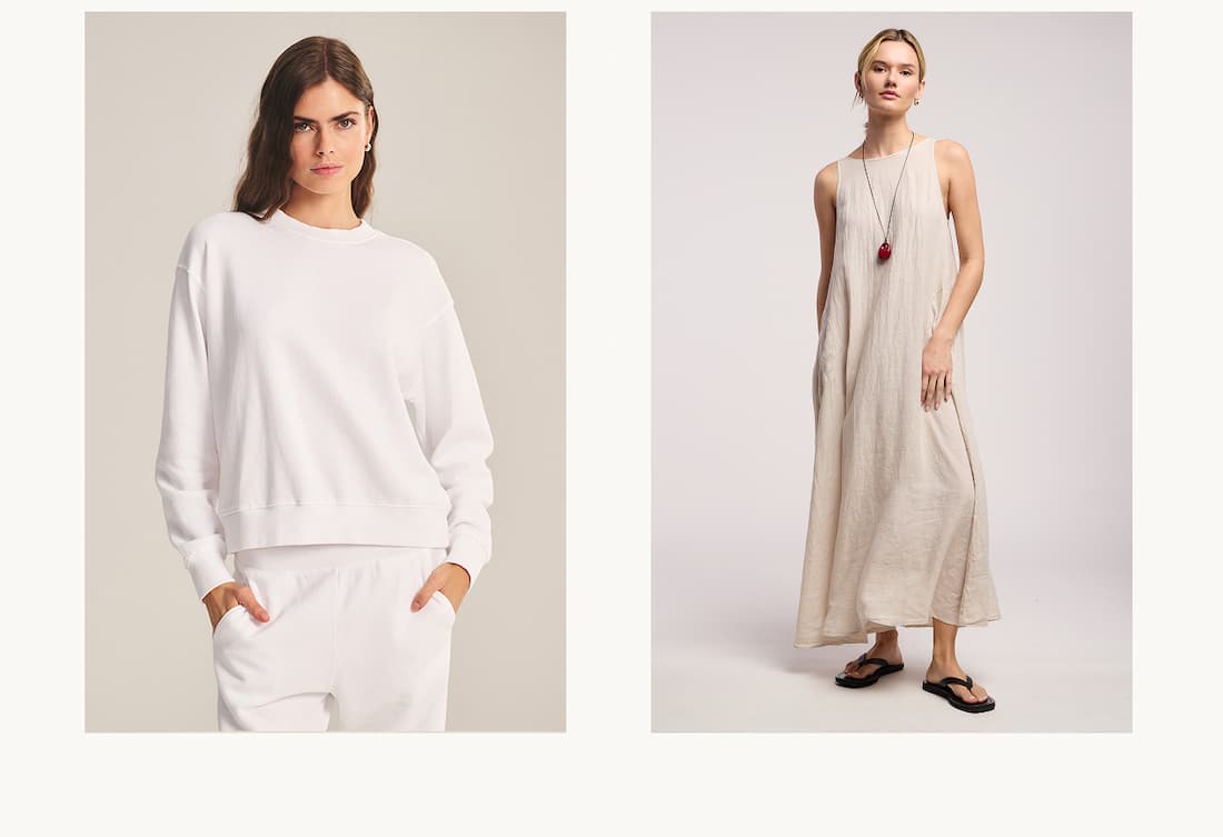 left image model wearing yoko sweatshirt in white and model wearing reta dress in cobble