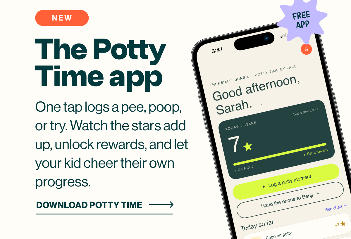 New: The Potty Time app. One tap logs a pee, poop, or try. Watch the stars add up, unlock rewards, and let your kid cheer their own progress. Shown on a phone screen. 'Download Potty Time' link.