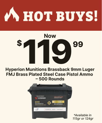 Now $119.99 | Hyperion Munitions Brassback 9mm Luger FMJ Brass Plated Steel Case Pistol Ammo - 500 Rounds