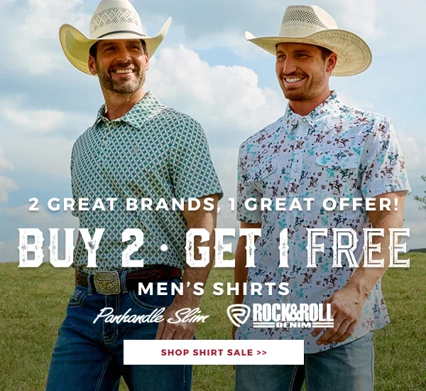 2 GREAT BRANDS, 1 GREAT OFFER MEN'S SHIRTS PANHANDLE SLIM & ROCK & ROLL DENIM | SHOP SHIRT SALE >>