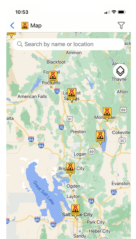 Smartphone displaying the KOA Trip Planner map