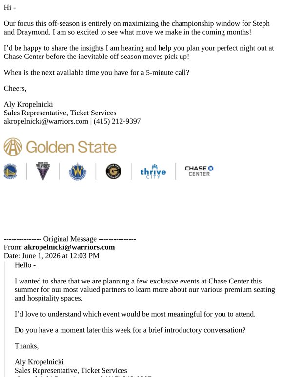 Re: A Note of Appreciation from the Warriors