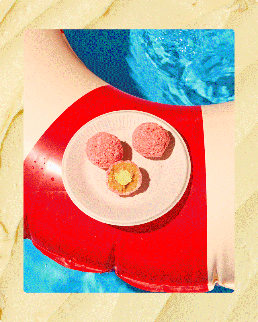 GIF cycling through Cherry Cola Pie slices and Strawberry & Corn Truffles, including close-ups of the pie’s cherry topping, the truffles’ creamy center, and plated desserts against colorful summer-inspired backgrounds.