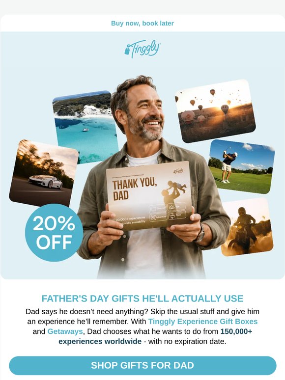 Give Dad 20% Off His Next Adventure 🏄‍♂️