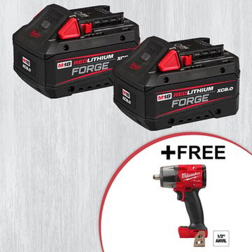 Milwaukee M18 18V Lithium-Ion REDLITHIUM FORGE XC 8.0 Ah Battery Pack, 2-Pack, Model# 48-11-1881, with Free M18 FUEL 18V Lithium-Ion Brushless Cordless Mid Torque 1/2 in. Impact Wrench w/Friction Ring, Tool-Only, Model# 29