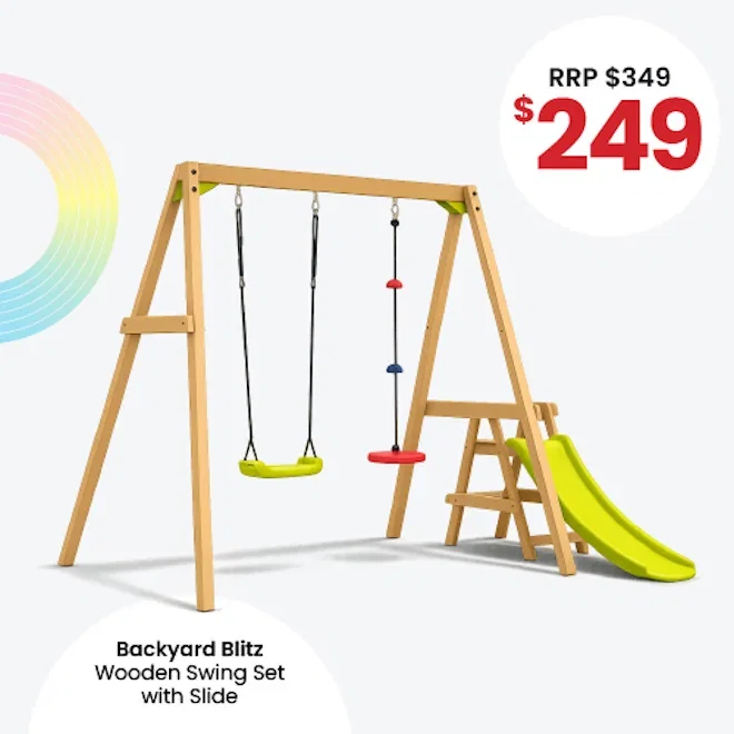 BACKYARD BLITZ WOODEN SWING SET WITH SLIDE