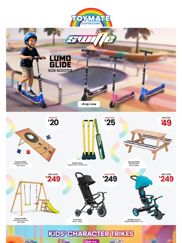 Discover endless outdoor fun with scooters, trikes, playsets and more at Toymate today.