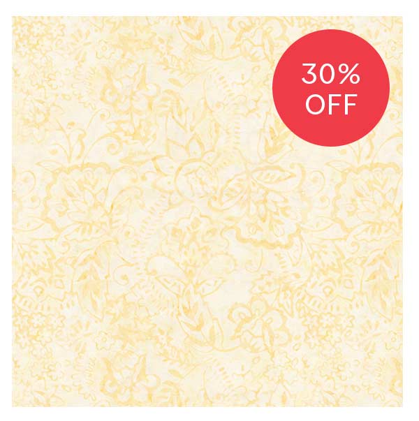Image: Buttery yellow batik cotton fabric. Text: 30% off >>