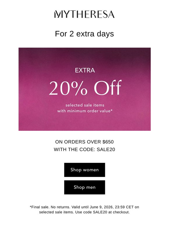 Sale surprise: 2 extra days of extra 20% off