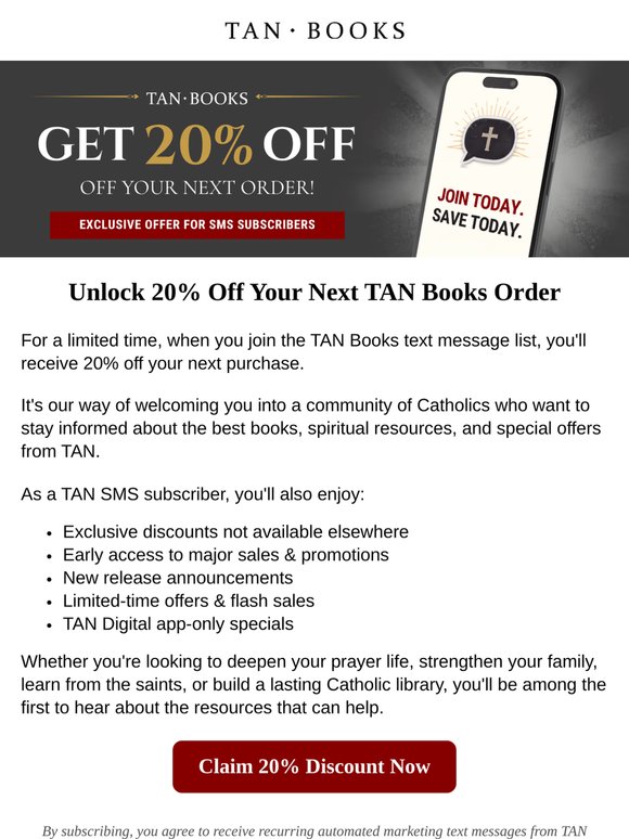 Get 20% Off Your Next Order, Join TAN Texts Today
