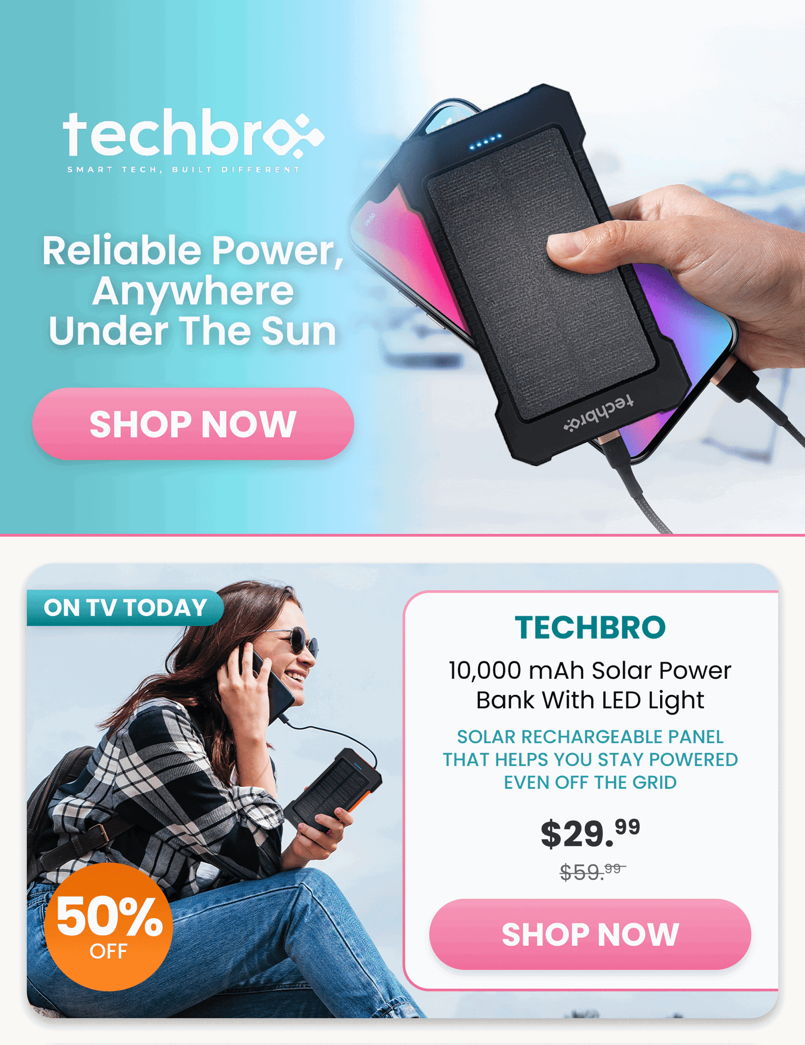 TechBro	10,000mAh Solar Power Bank with LED Light