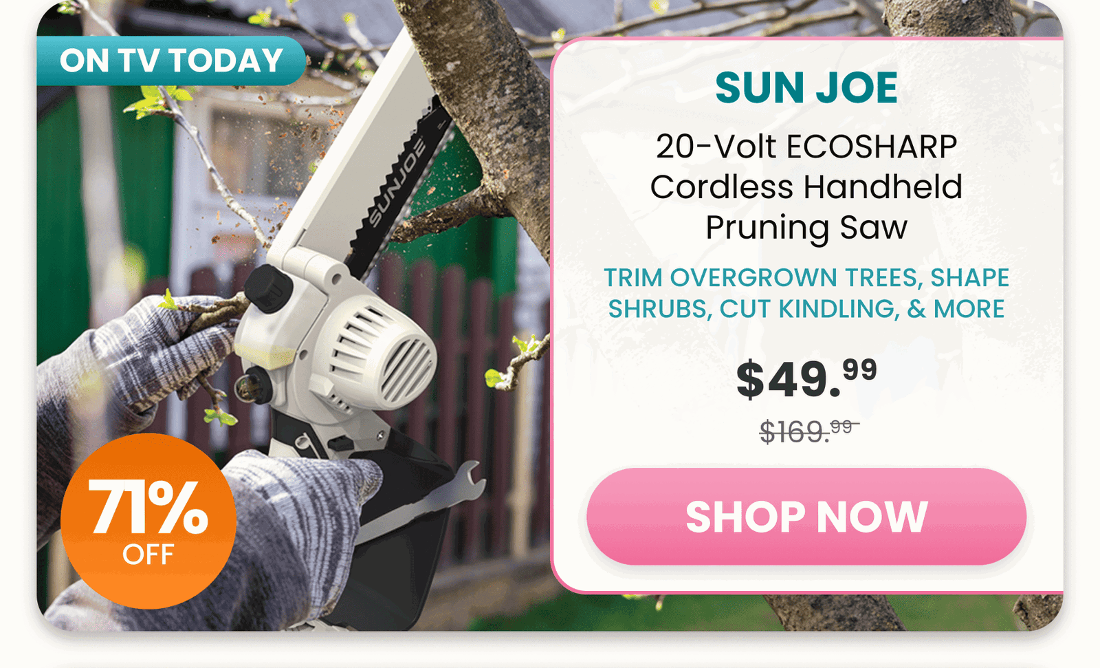 Sun Joe	20-Volt ECOSHARP Cordless Handheld Pruning Saw