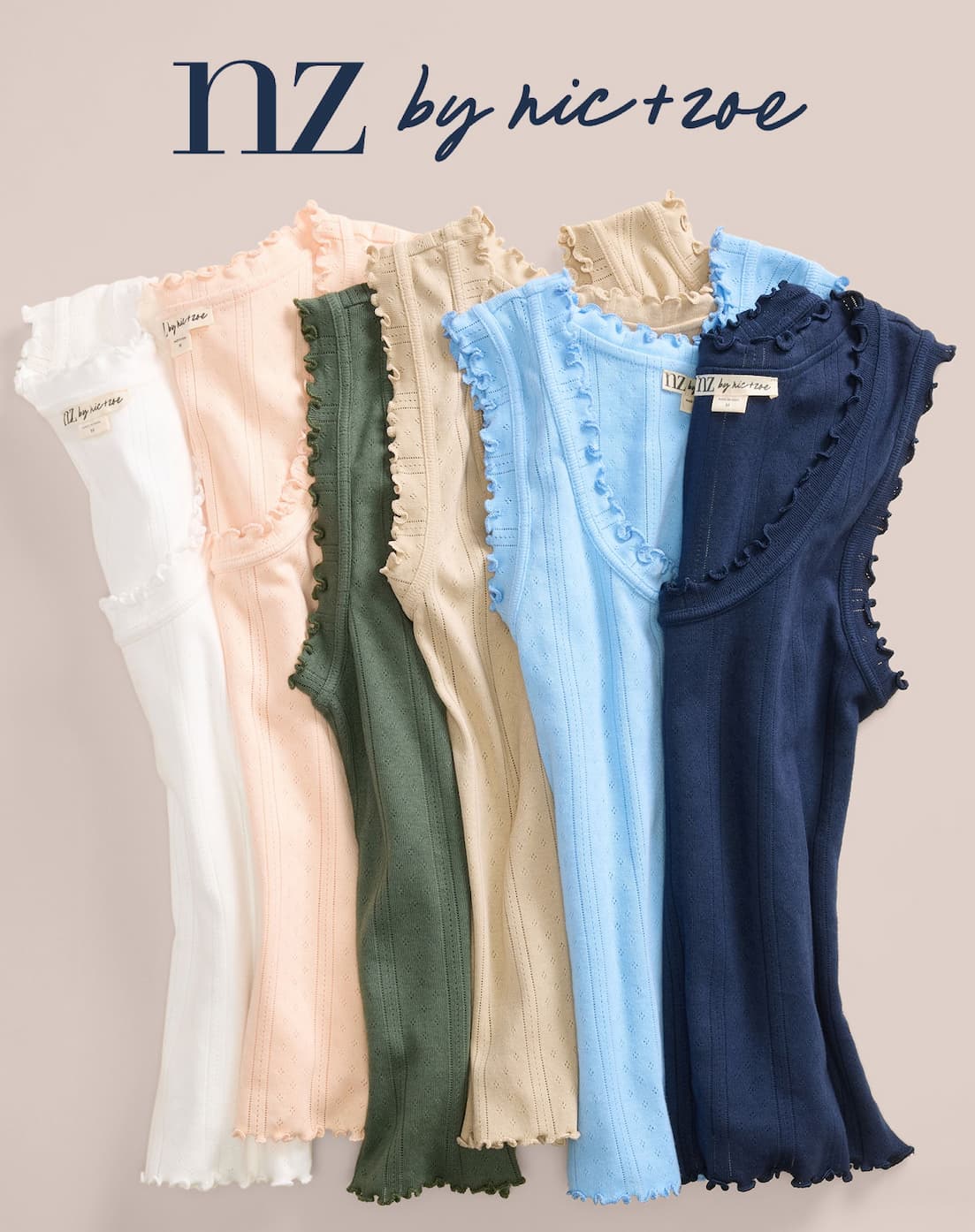 The nz by NIC and ZOE Pointelle Rib Ella Tank displayed in multiple colors, showcasing its stylish design and versatility.