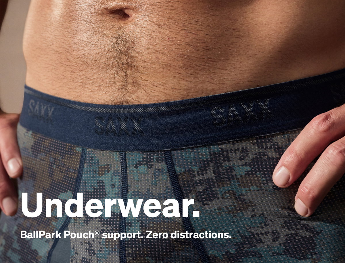 Close-up of SAXX patterned underwear with BallPark Pouch® support.