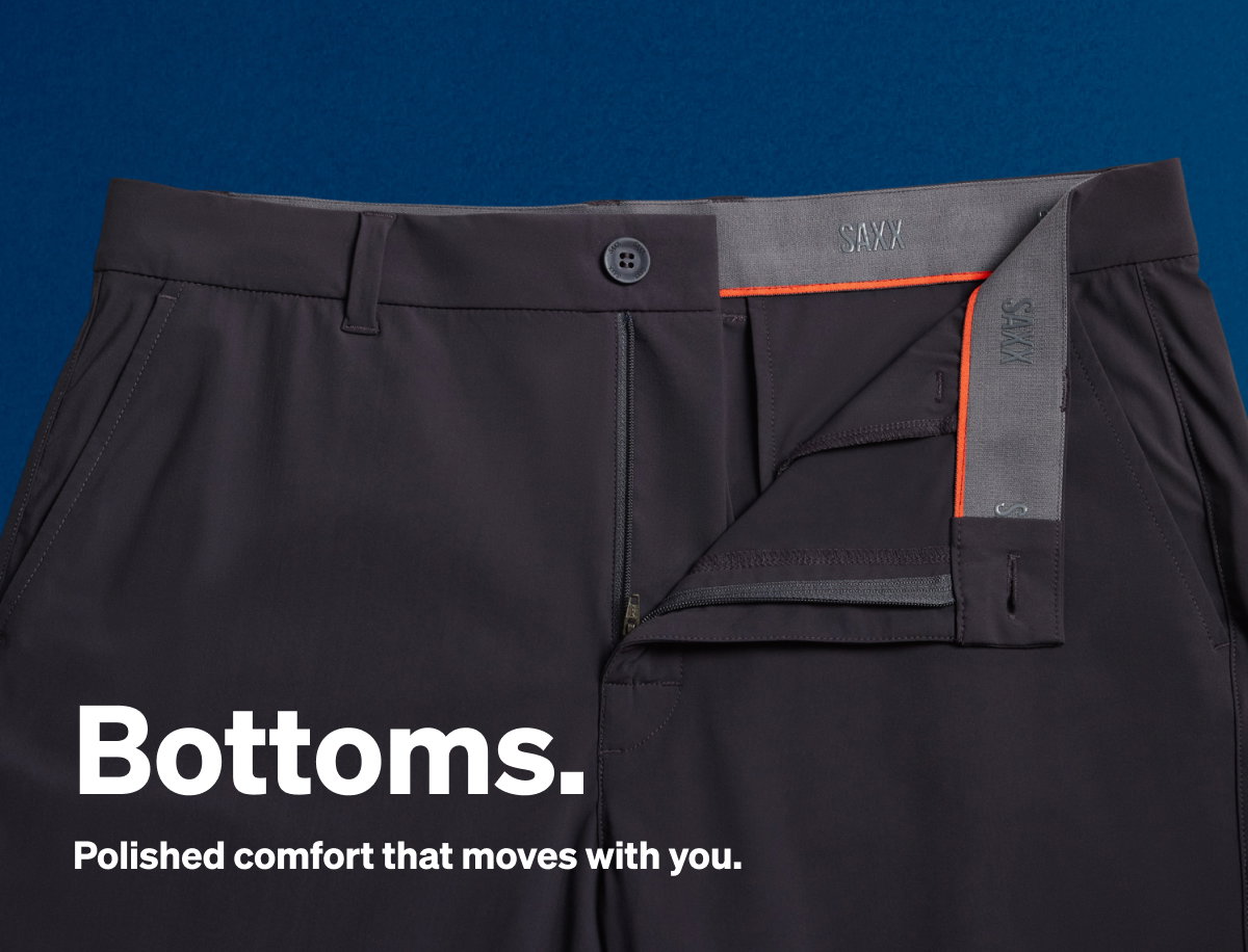 SAXX performance pants with comfort waistband and stretch fabric details.