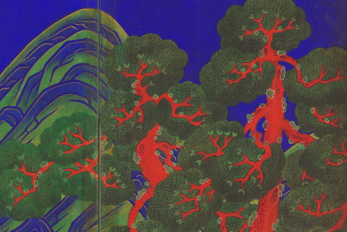 Close crop of painting with trees with red trunks and bright blue background.