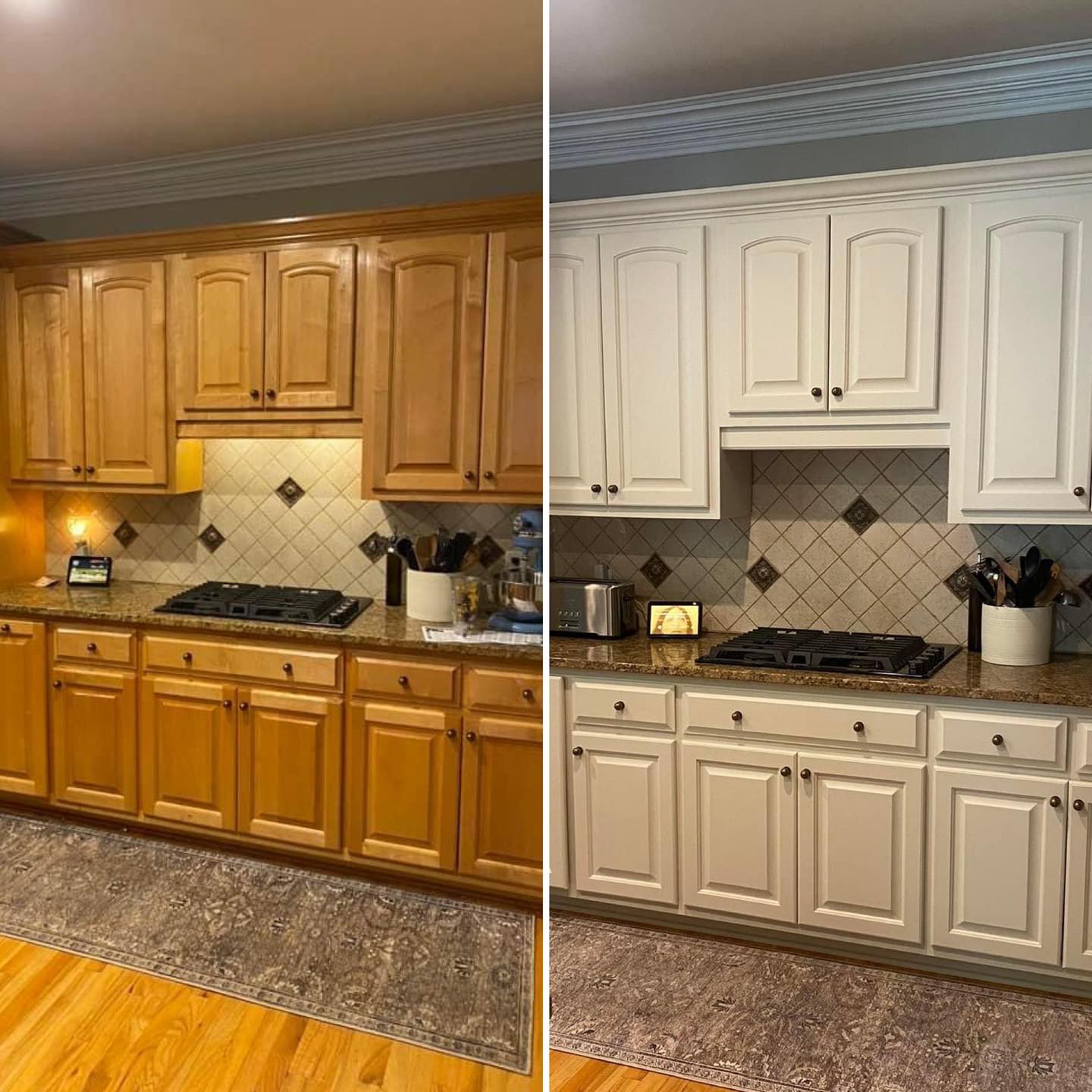 A before and after picture from one of our customers who used Almond All-In-One Paint to repaint her cabinets.