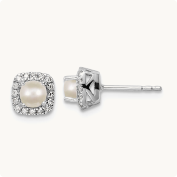 Cushion-Cut Freshwater Pearl & Diamond Halo Stud Earrings in Sterling Silver