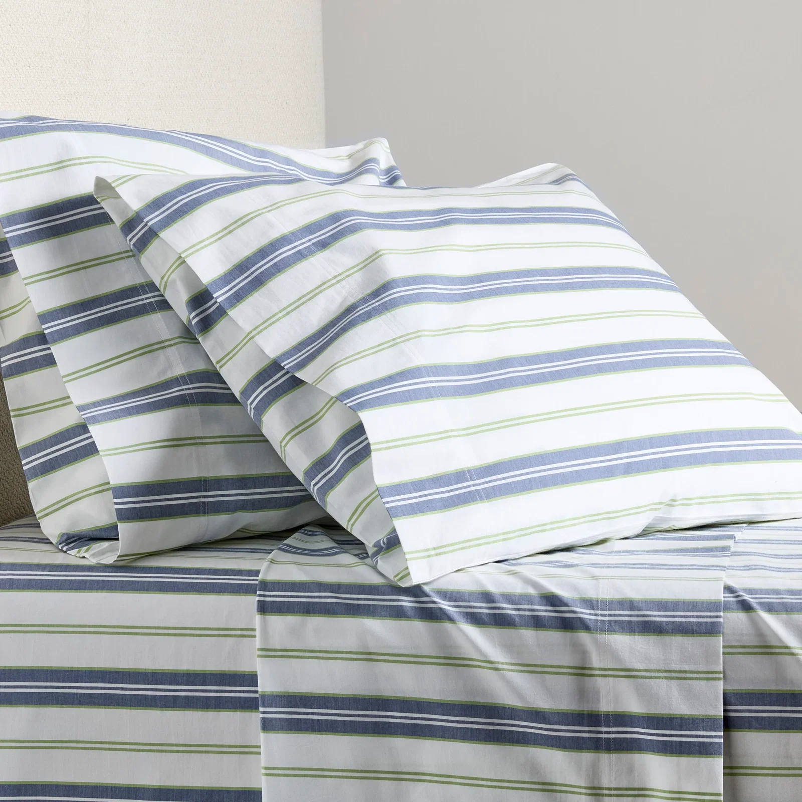 Image of Blue and Green Multi Stripe Percale Sheet Set