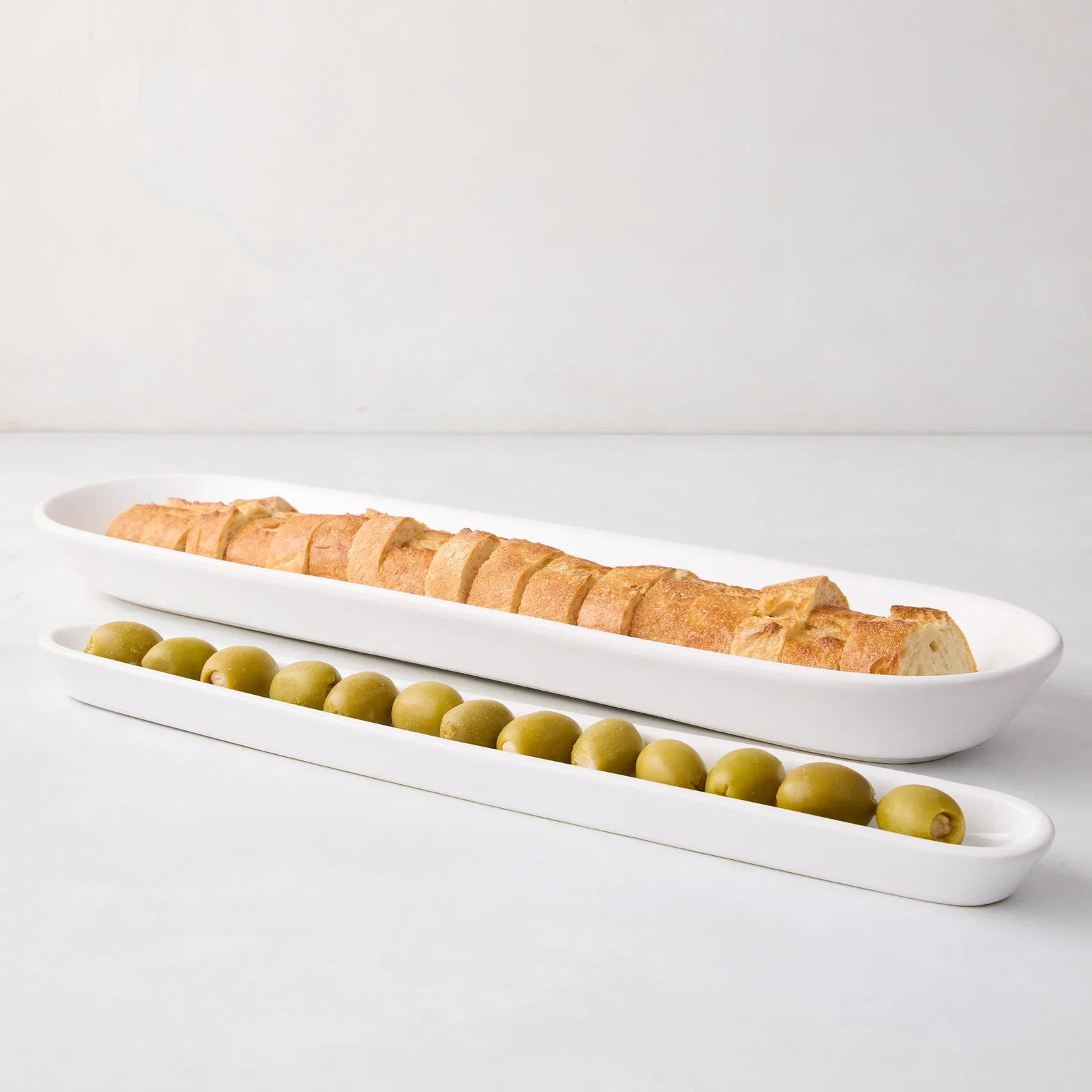 Image of White Ceramic Baguette and Olive Serving Tray Set
