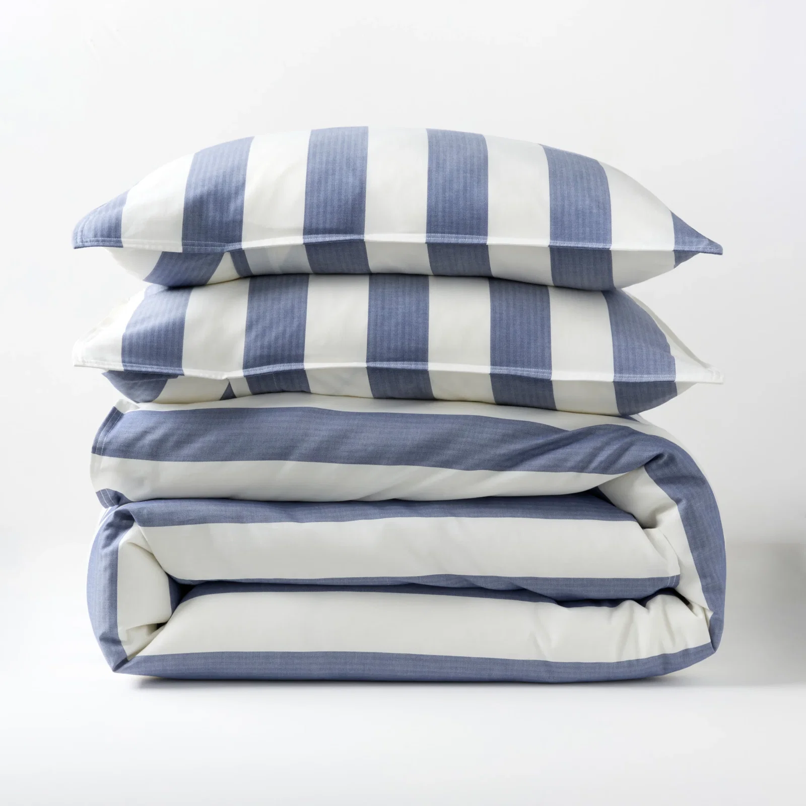 Image of Herringbone Wide Blue Stripe Duvet and Shams Set