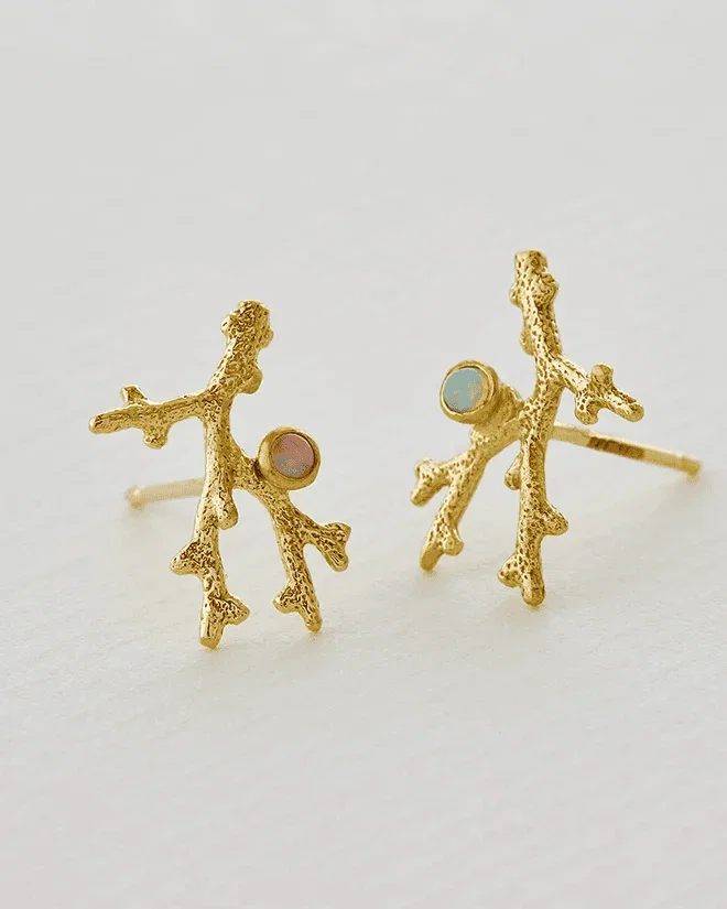 Coral Branch Stud Earrings with Opal