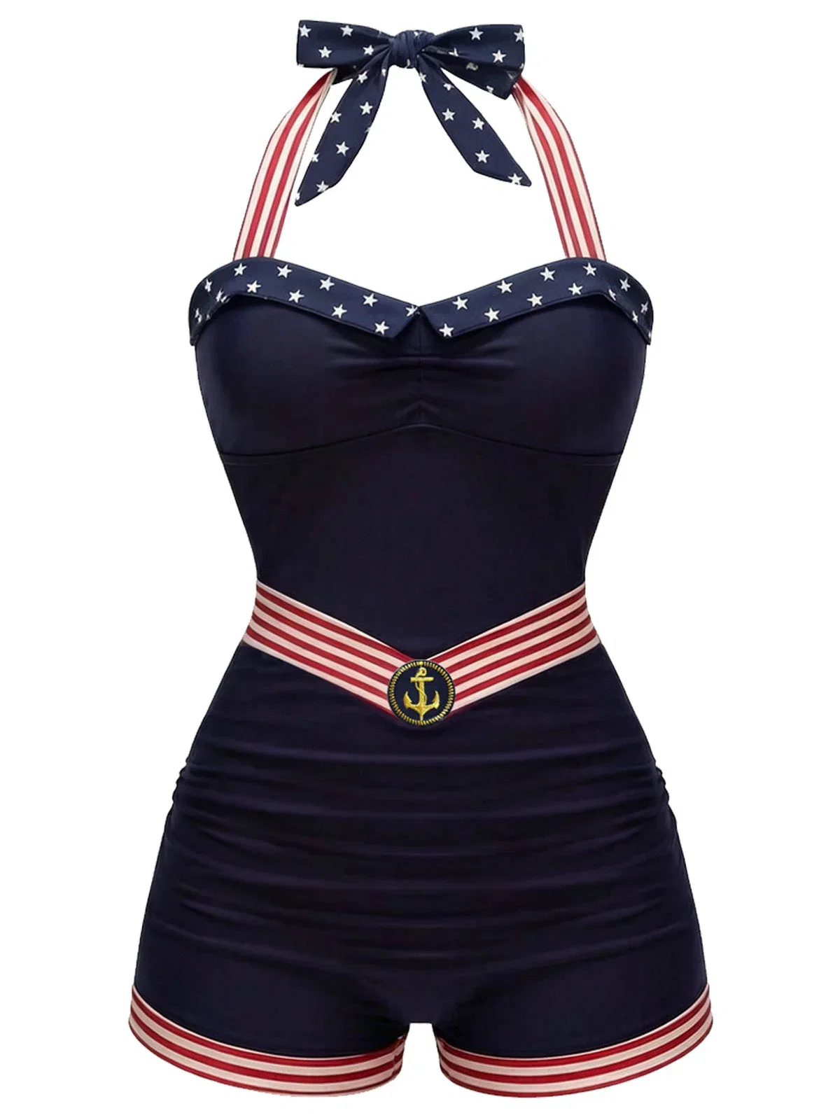 [Pre-Sale] Navy Blue 1940s Halter Star & Stripe & Anchor Patchwork Swimsuit