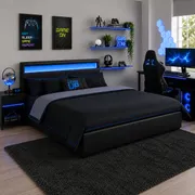 LED Gaming Ottoman Bed 4ft6 Double Black Storage Bed Frame