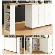 360° Swivel Bar Table White Kitchen Island with 3 Drawers & Castors