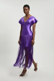 Foil Metallic Figure Form Bandage Angel Sleeve Fringe Knit Maxi Dress