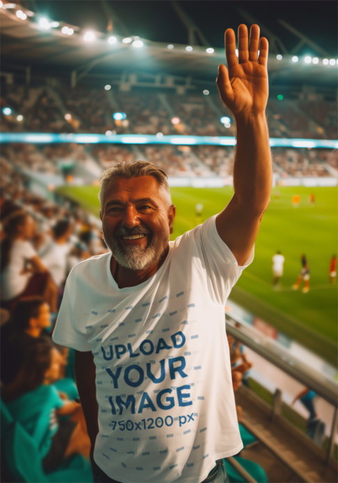 T-Shirt Mockup of an AI-Created Senior Man Cheering in a Soccer Stadium 
