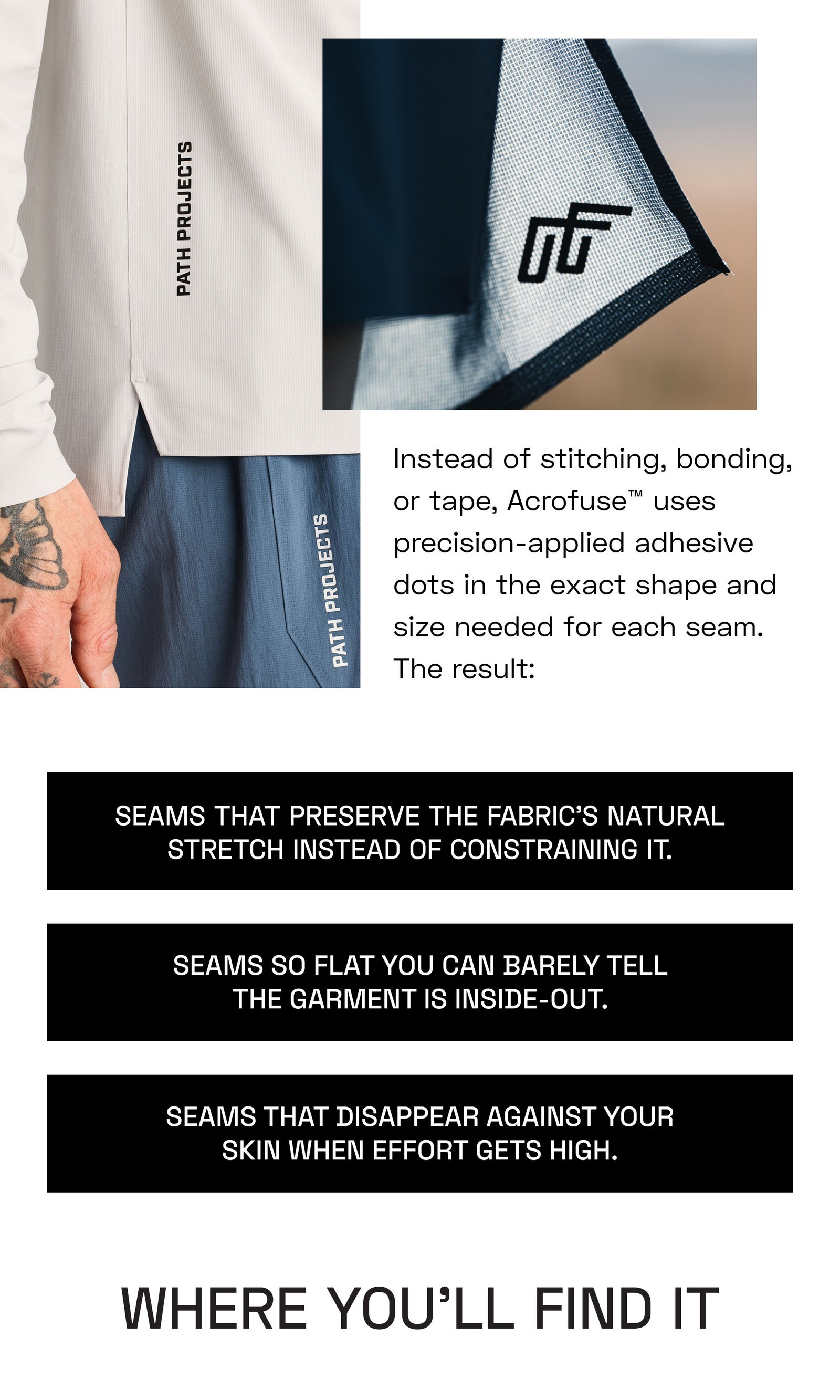 Instead of stitching, bonding, or tape, Acrofuse™ uses precision-applied adhesive dots in the exact shape and size needed for each seam. The result: Seams that preserve the fabric's natural stretch instead of constraining it. Seams so flat you can barely tell the garment is inside-out. Seams that disappear against your skin when effort gets high. Where You’ll Find It