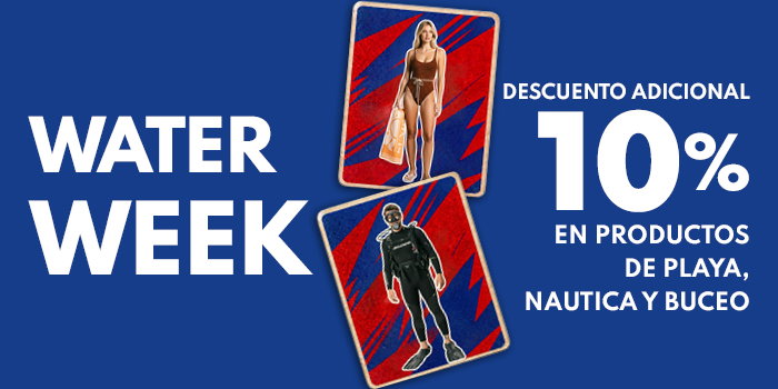 Water Week banner offering 10% discount on beach, nautical and diving products; two playing cards depict a woman in a swimsuit and a scuba diver