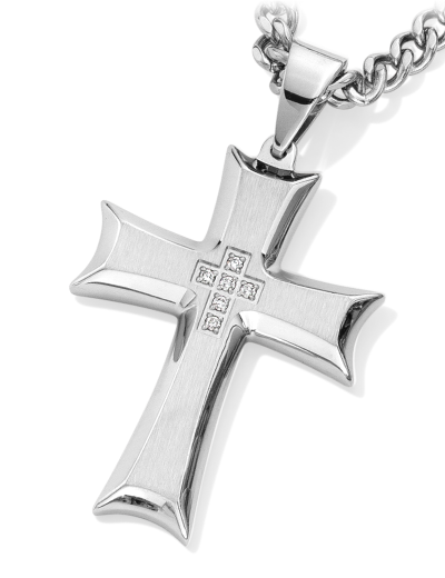 Silver cross pendant necklace with engraved diamond accent detail.