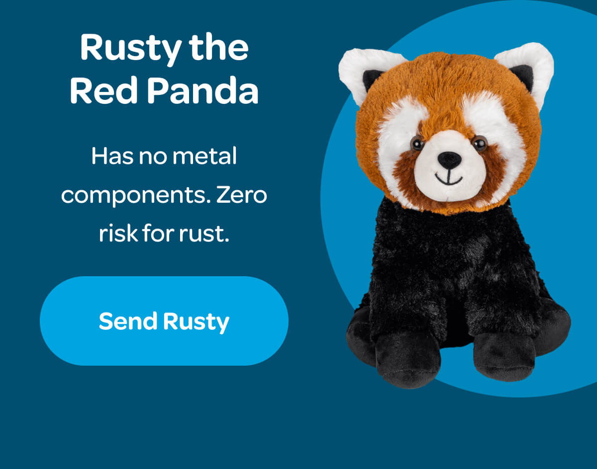 Rusty the Red Panda Has no metal components. Zero risk for rust. [Send Rusty]