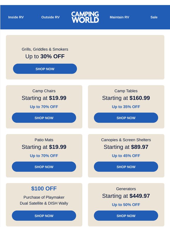 Up to 70% off camping gear - chairs, grills, generators, coolers & more