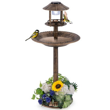 Pedestal Bird Bath with Solar Light, Bird Feeder, and Flower Planter