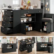 Kitchen Island with Stools and 6 Drawers, 140cm, White/Black