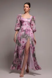 Puff Sleeve A-Line Printed Chiffon Maxi Dress With Split