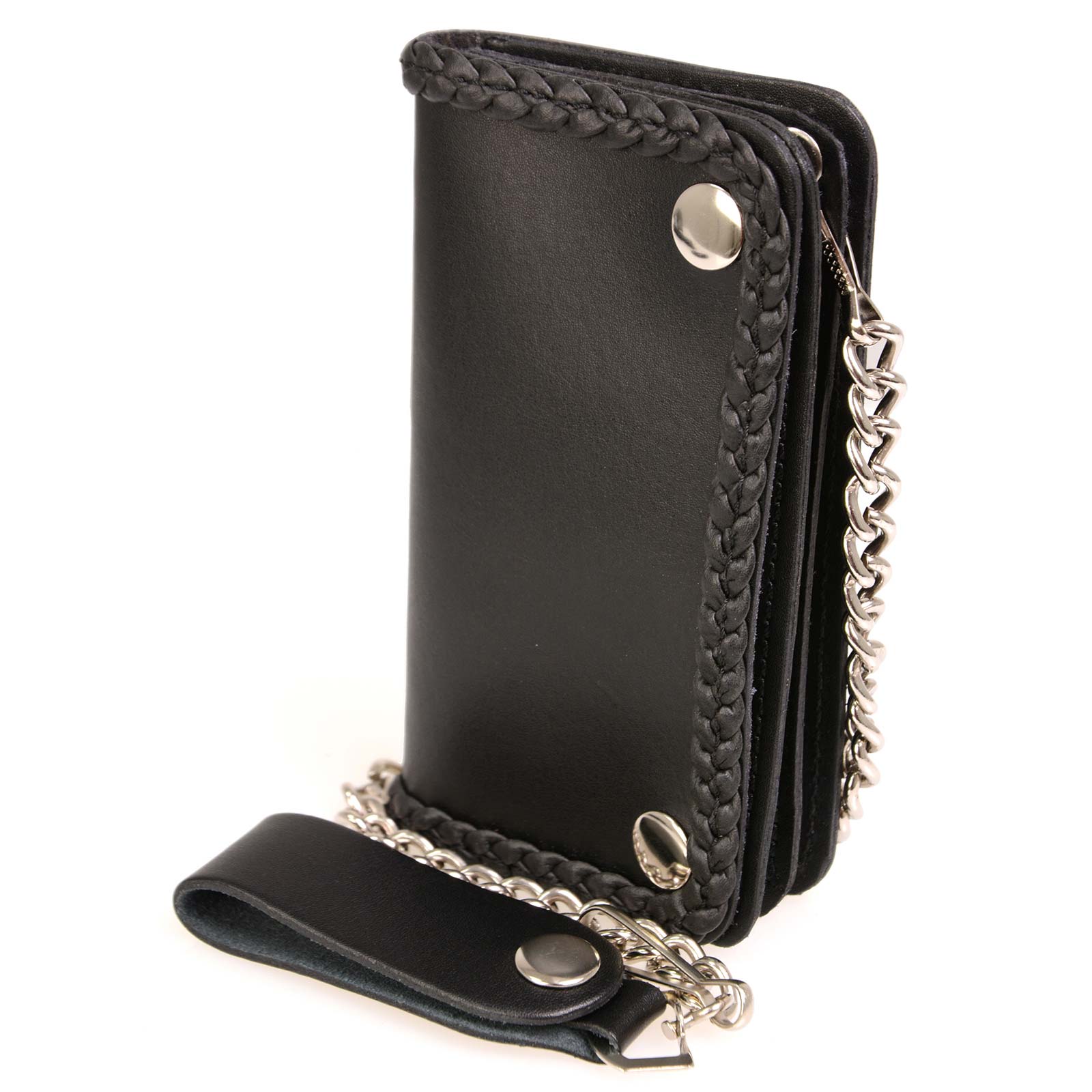 Image of Milwaukee Leather MLW7881 Men's 6” Long Leather “Braided” Bi-Fold Biker Wallet w/ Anti-Theft Stainless Steel Chain