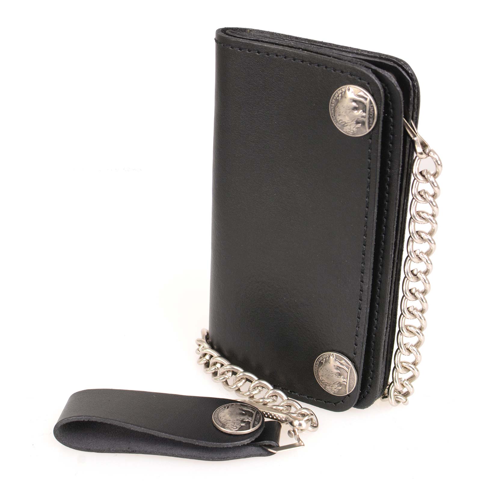 Image of Milwaukee Leather MLW7801 Men's 6” Leather Long Bi-Fold Biker Wallet w/ Anti-Theft Stainless Steel Chain and Buffalo Nickel Snaps