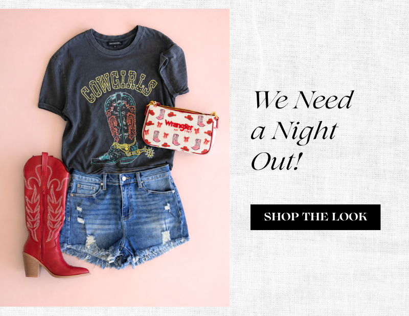We Need a Night Out! Shop the look. Image of an outfit including Zutter Puff Print Cowgirls Crop Tee for Women in Black, KanCan x Glik’s Best Friend Fray Hem Distress Denim Shorts for Women, Top Moda Cattle Cowgirl Boots for Women in Red, and Wrangler Western Print Cowgirl Shoulder Bag for Women in Pink