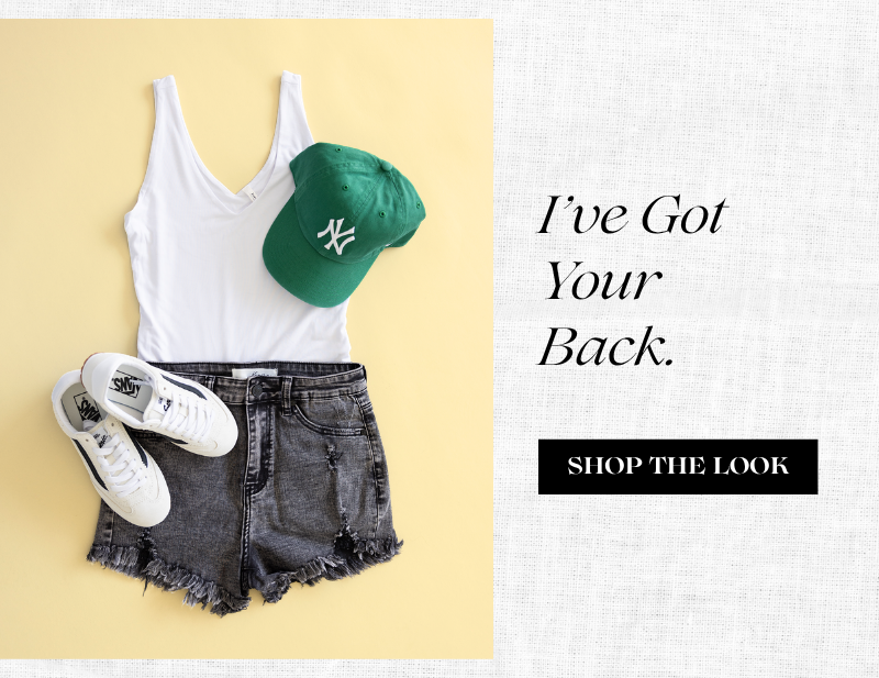 I've Got Your Back. Shop the look. Image of an outfit including Be Cool Seamless Double Layer Knit Basic Tank Top for Women in Off White, KanCan x Glik’s Best Friend Fray Hem Distress Denim Shorts for Women, 47 New York Yankees Clean Up Hat in Kelly Green, and Vans Super Lowpro Sneakers for Women in Marshmallow