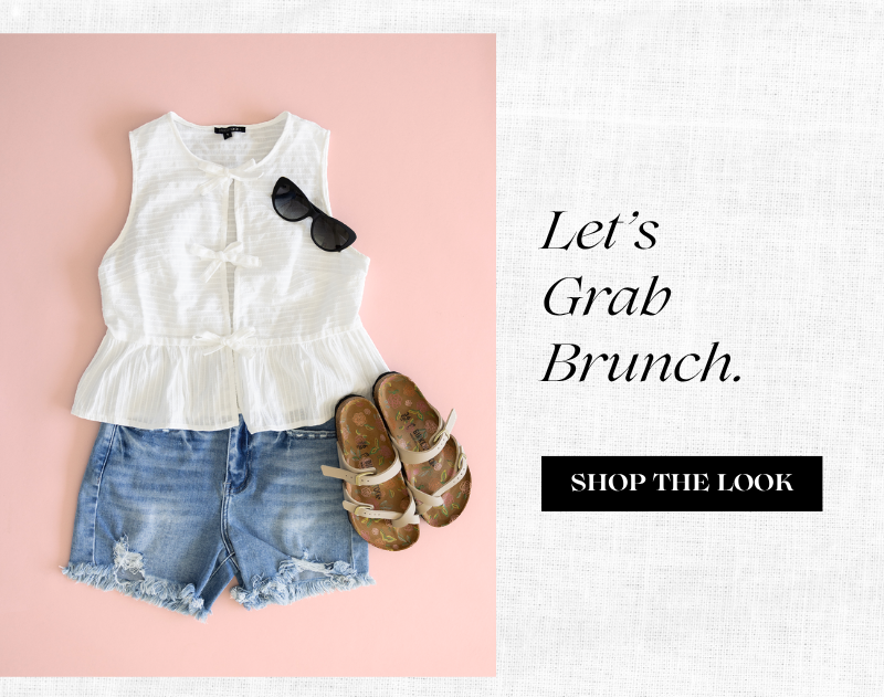 Let's Grab Brunch. Shop the Look. Image of an outfit including Triple Bow Tie Front Top for Women in White, KanCan x Glik’s Best Friend Fray Hem Distress Denim Shorts for Women, and Birkenstock Mayari Floral Birko-Flor Sandals for Women in Sandcastle
